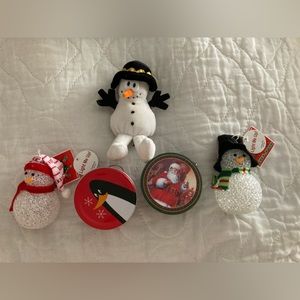 Christmas lot , snowmen light up ornaments, tins, plush decor